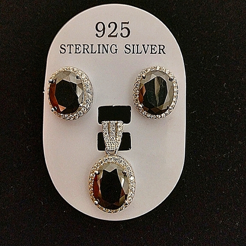 Royalty Black Lab Onyx CZ Halo Real .925‎ Silver Earring & Pendant Set Sale